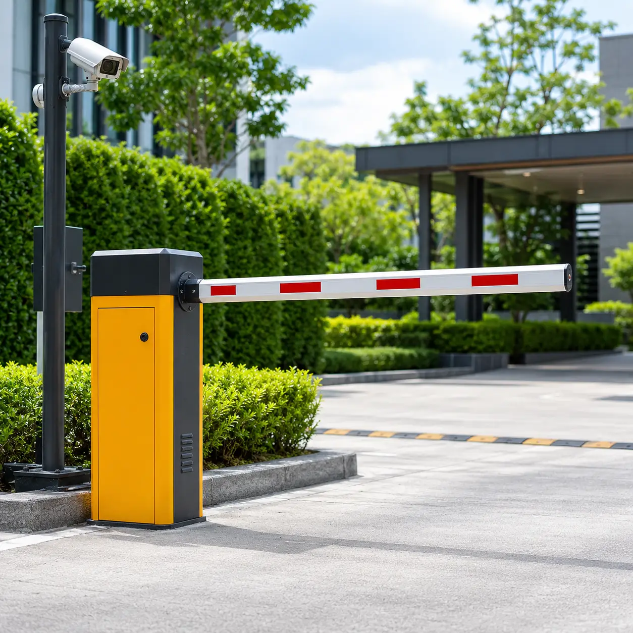 Barrier gate otomatis dengan CCTV untuk sistem parkir dan keamanan area di Surabaya