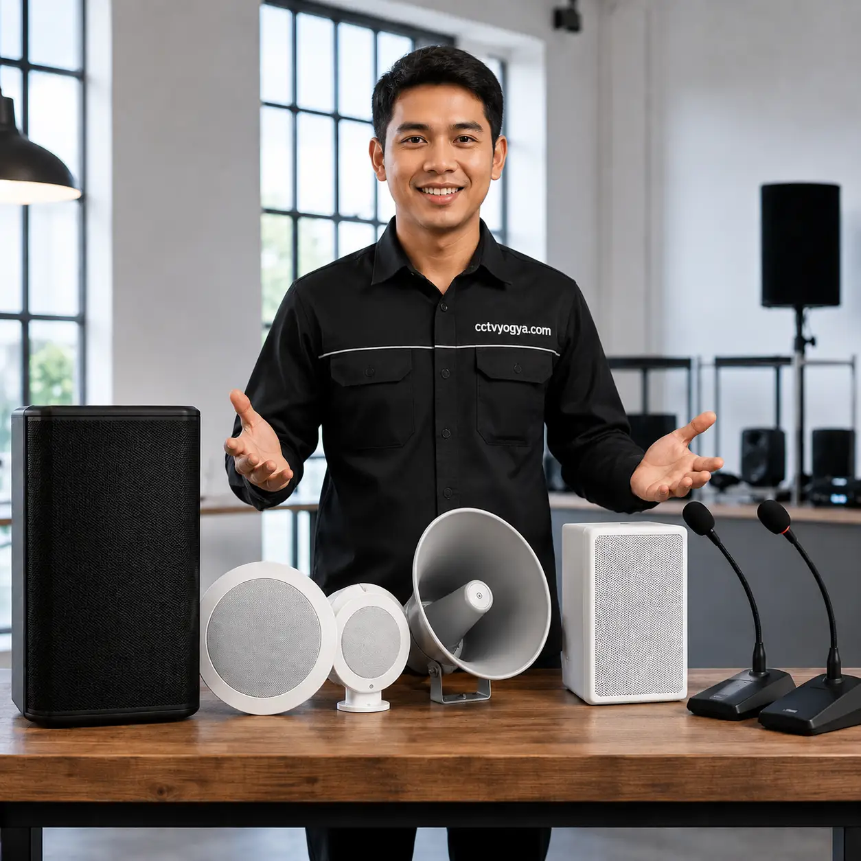 Teknisi audio dan public address system dengan speaker dan mikrofon profesional di Surabaya